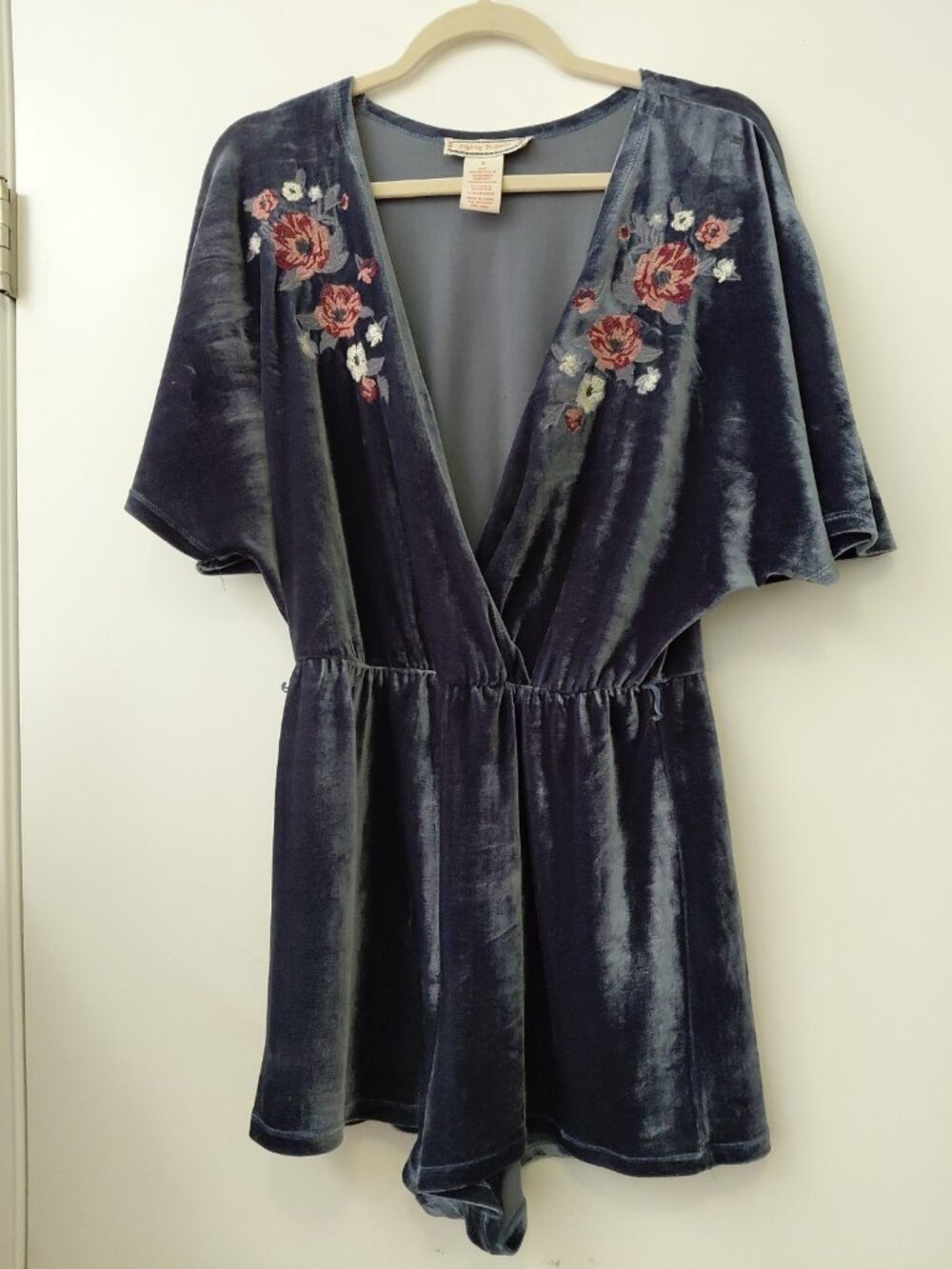 Flying Tomato Crushed Velvet Romper Floral Embroidery Blue Gray Small